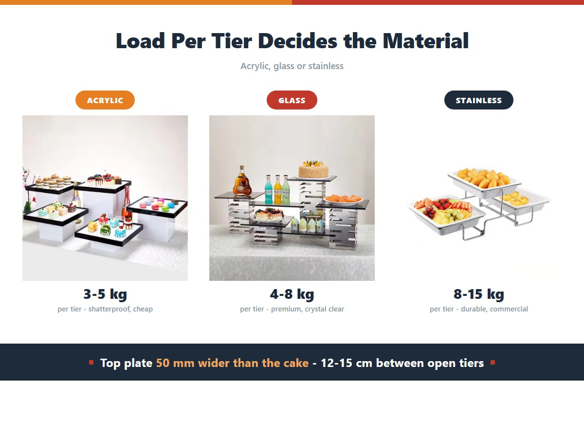 Cake stand load per tier by material: an acrylic stand carrying three to five kilograms, a glass stand four to eight kilograms, and a stainless steel stand eight to fifteen kilograms