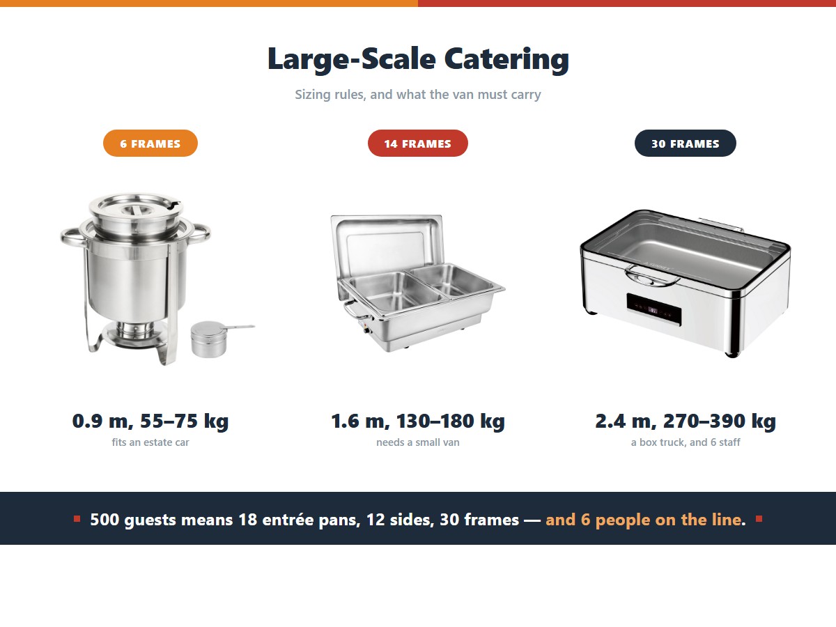 What the transport must carry for a large-scale catering event: six frames stack to 0.9 metres and 55 to 75 kilograms which fits an estate car, fourteen frames stack to 1.6 metres and 130 to 180 kilograms which needs a small van, and thirty frames stack to 2.4 metres and 270 to 390 kilograms which needs a box truck and six staff on the line