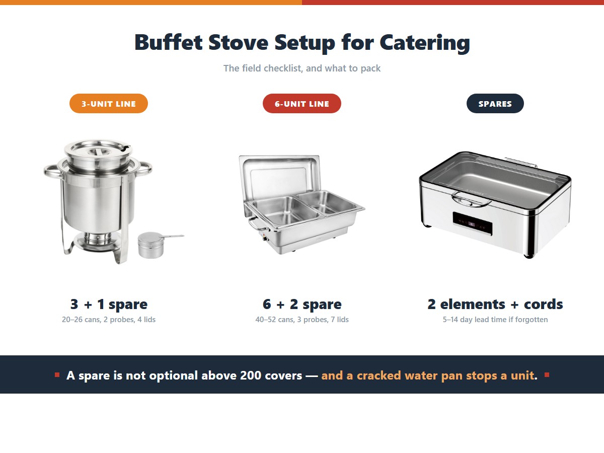 What to pack for a catering buffet line by size: a three-unit line needs three units plus one spare, 20 to 26 fuel cans, two probe thermometers and four lids, a six-unit line needs six units plus two spares, 40 to 52 cans, three probes and seven lids, and both need two spare elements and cords because the lead time is five to fourteen days