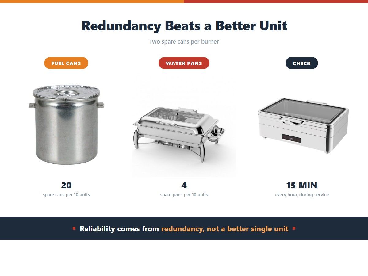 Chafing dish spares for catering events: 20 spare fuel cans and 4 spare water pans per 10 units, plus a 15-minute check every hour, because reliability comes from redundancy rather than from a better single unit