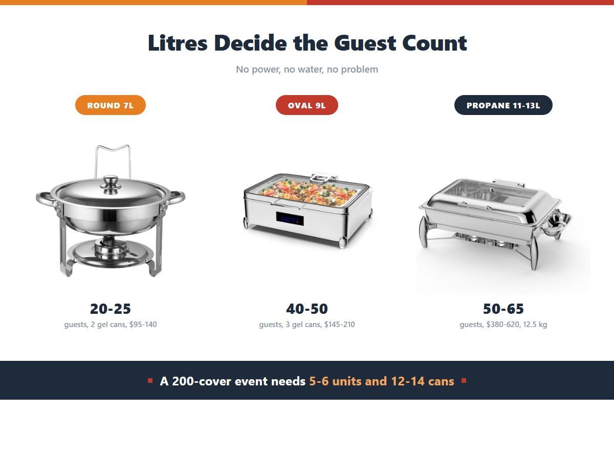 Buffet warmers for catering events: a 7 litre round unit covers 20 to 25 guests at 95 to 140 dollars, a 9 litre oval unit covers 40 to 50 guests at 145 to 210 dollars, and an 11 to 13 litre propane unit covers 50 to 65 guests at 380 to 620 dollars, with a 200-cover event needing 5 to 6 units and 12 to 14 cans