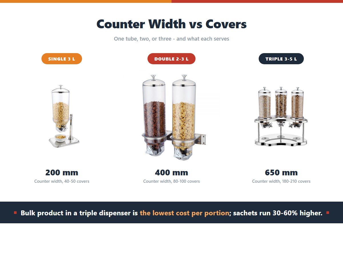 Three cereal dispenser configurations by counter width and covers: a single 3-litre free-standing tube at 200 mm serving 40-50 covers, a wall-mounted double at 400 mm serving 80-100, and a countertop triple at 650 mm serving 180-210