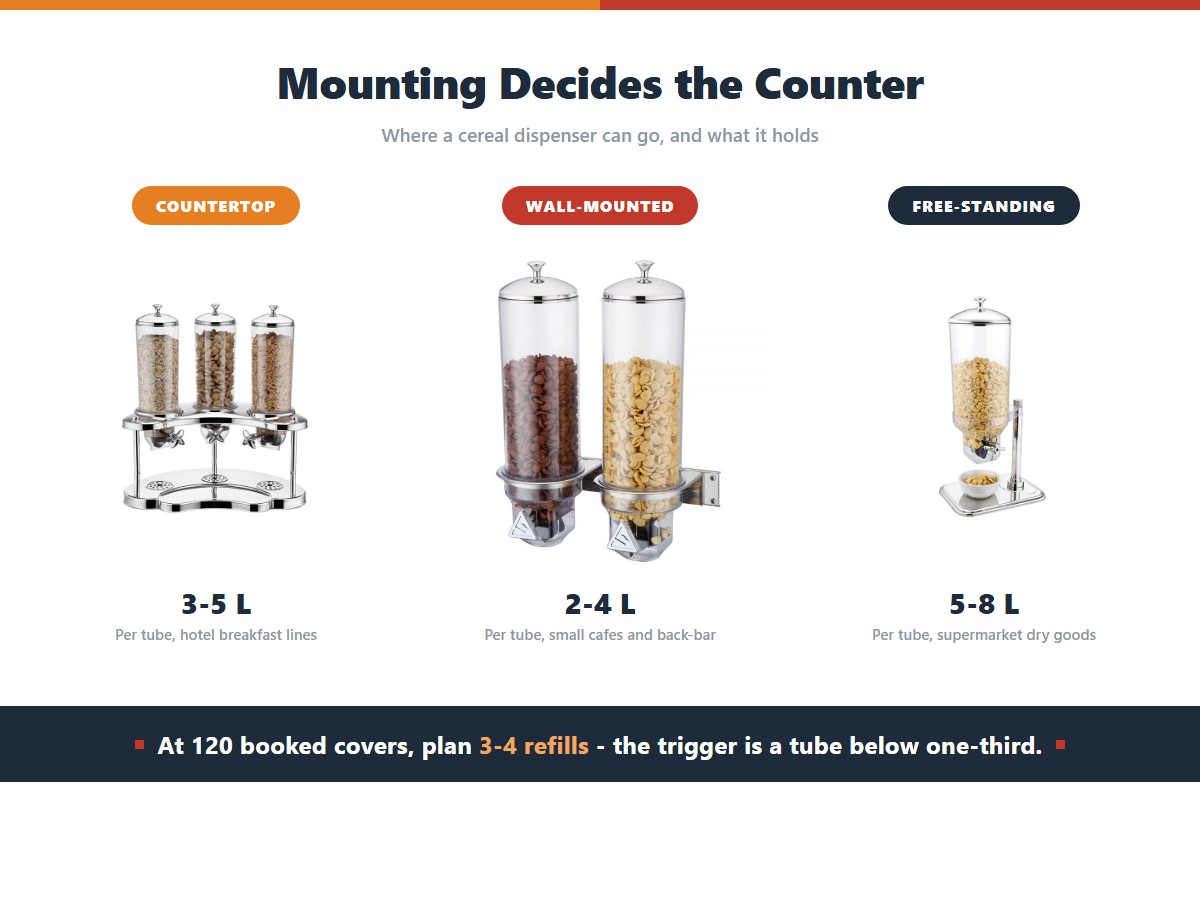 Three cereal dispenser mounting types: a triple countertop unit with 3-5 litre tubes for hotel breakfast lines, a wall-mounted double unit with 2-4 litre tubes for small cafes, and a free-standing 7-litre single-tube unit for supermarket dry goods