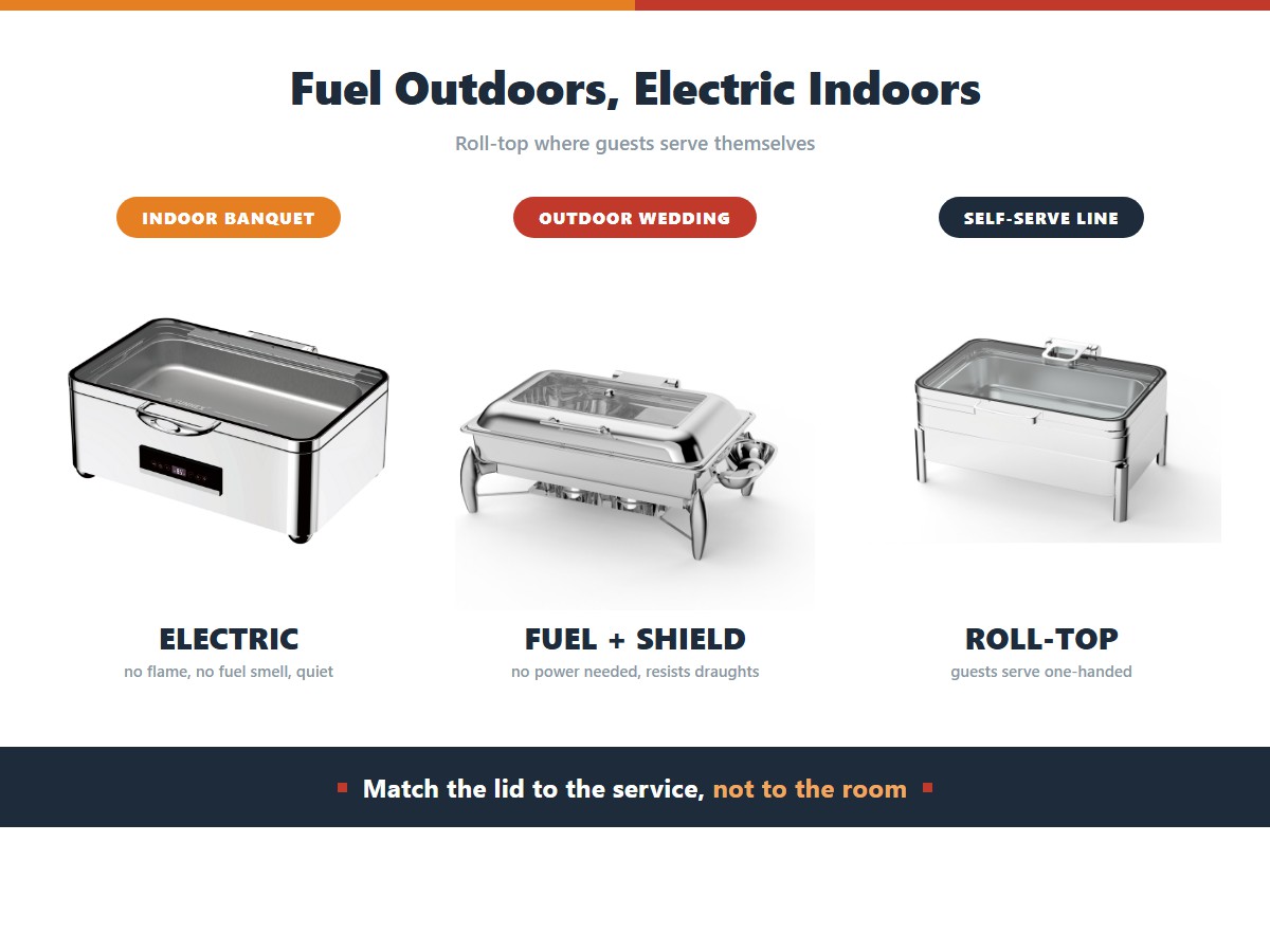 Matching the chafing dish to the event: electric for indoor banquets with no flame or fuel smell, fuel with a wind shield for outdoor weddings, and roll-top lids for self-service lines where guests serve themselves