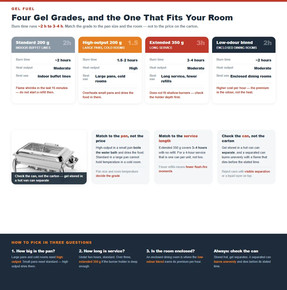 Four gel fuel grades with burn time, heat output and best use for each, from standard two hour cans to extended three to four hour cans, plus how to pick by pan size service length and room