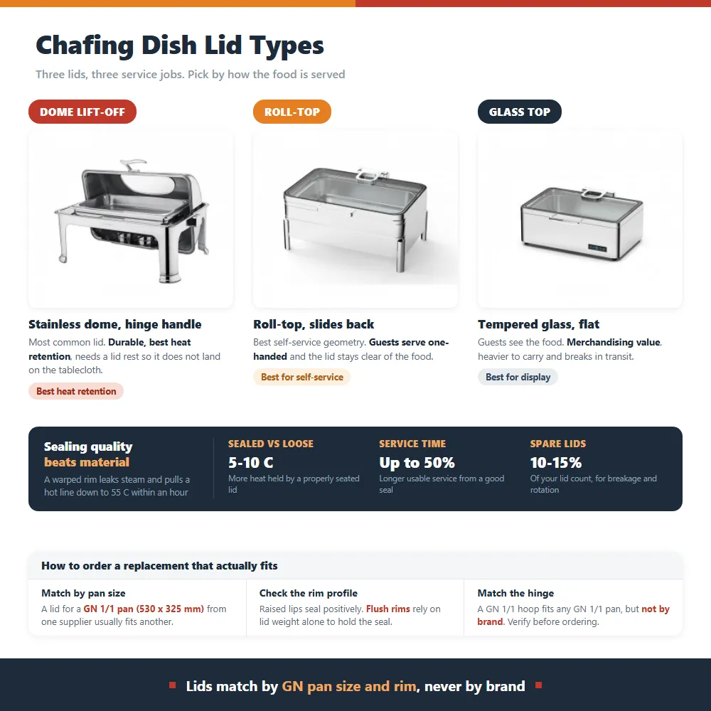 Three chafing dish lid types with product photos: a stainless steel dome lift-off lid offering the best heat retention, a roll-top lid that slides back for one-handed self-service, and a flat tempered glass top lid that lets guests see the food