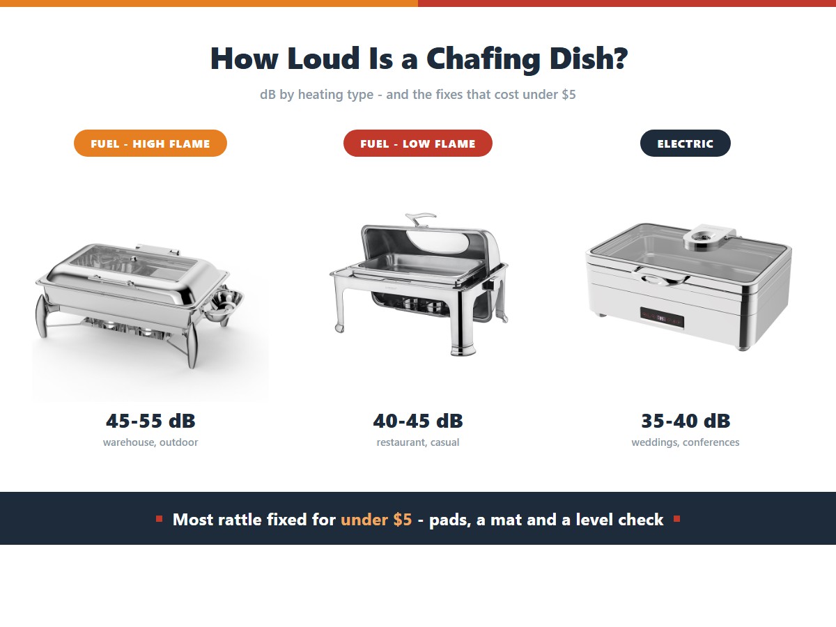 Chafing dish noise levels by heating type: a fuel can at high flame measuring 45 to 55 decibels, a fuel can at low flame at 40 to 45 decibels, and an electric element at 35 to 40 decibels suited to weddings and conferences