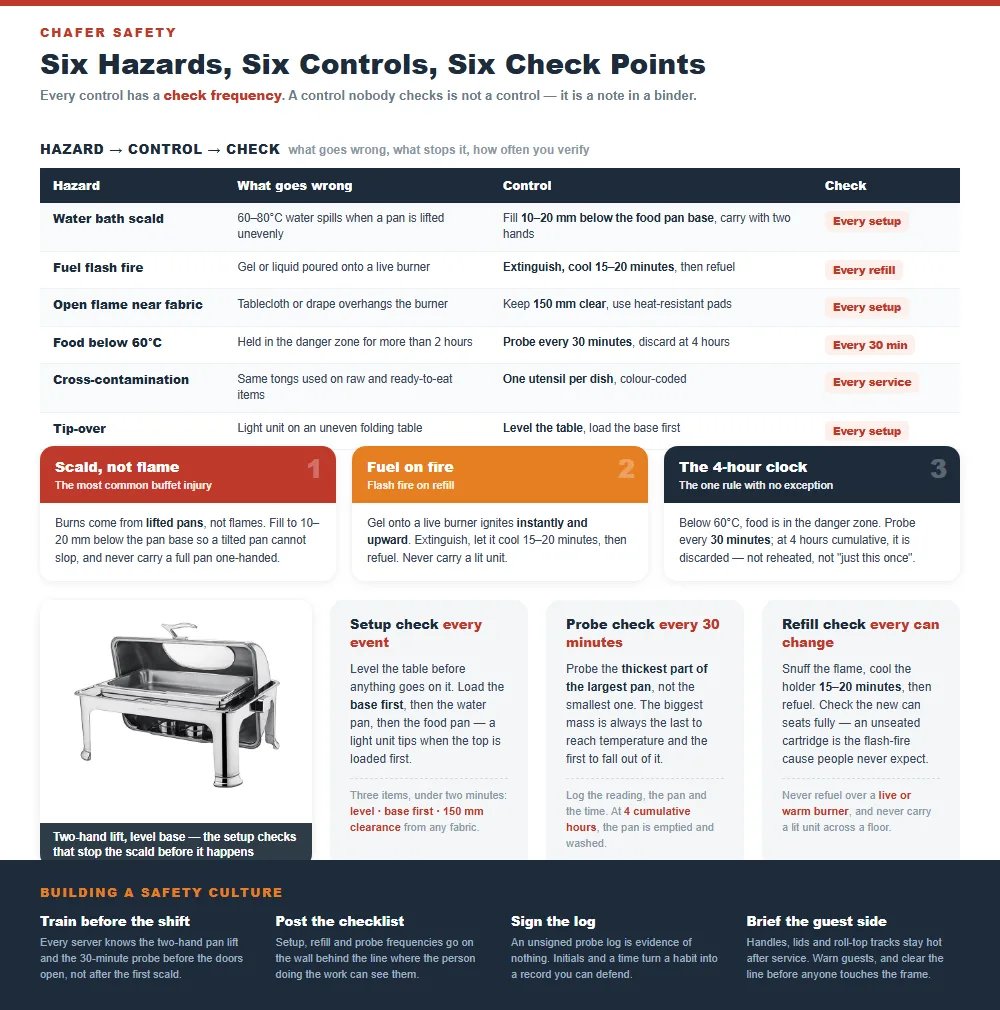 Six chafer hazards with the control and check frequency for each, from water bath scald to tip-over, plus setup probe and refill checks and a safety culture checklist