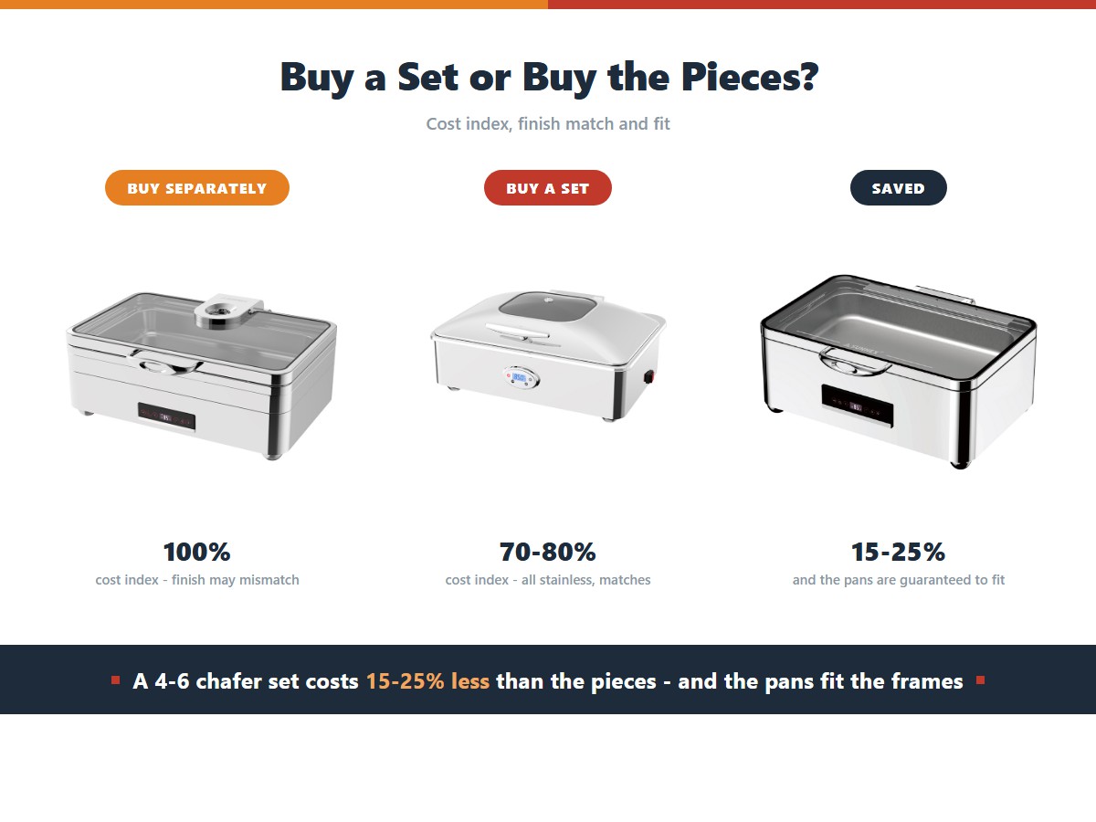 Chafing dish buffet set against buying pieces separately: a cost index of 100 percent for separate purchase against 70 to 80 percent for a set, saving 15 to 25 percent with guaranteed pan fit