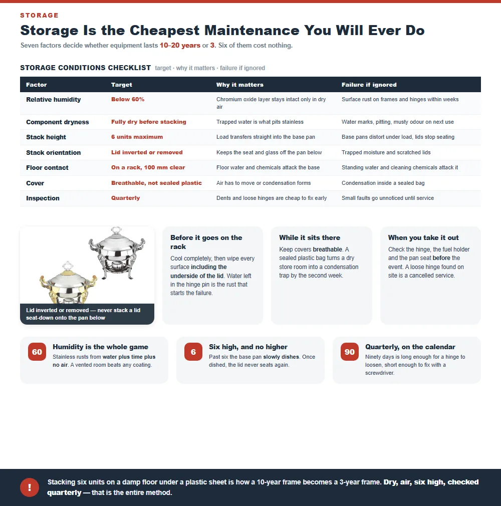 Seven chafer storage factors with the target and the failure if ignored, from below 60 percent humidity to six unit stack height, plus before during and after storage checks