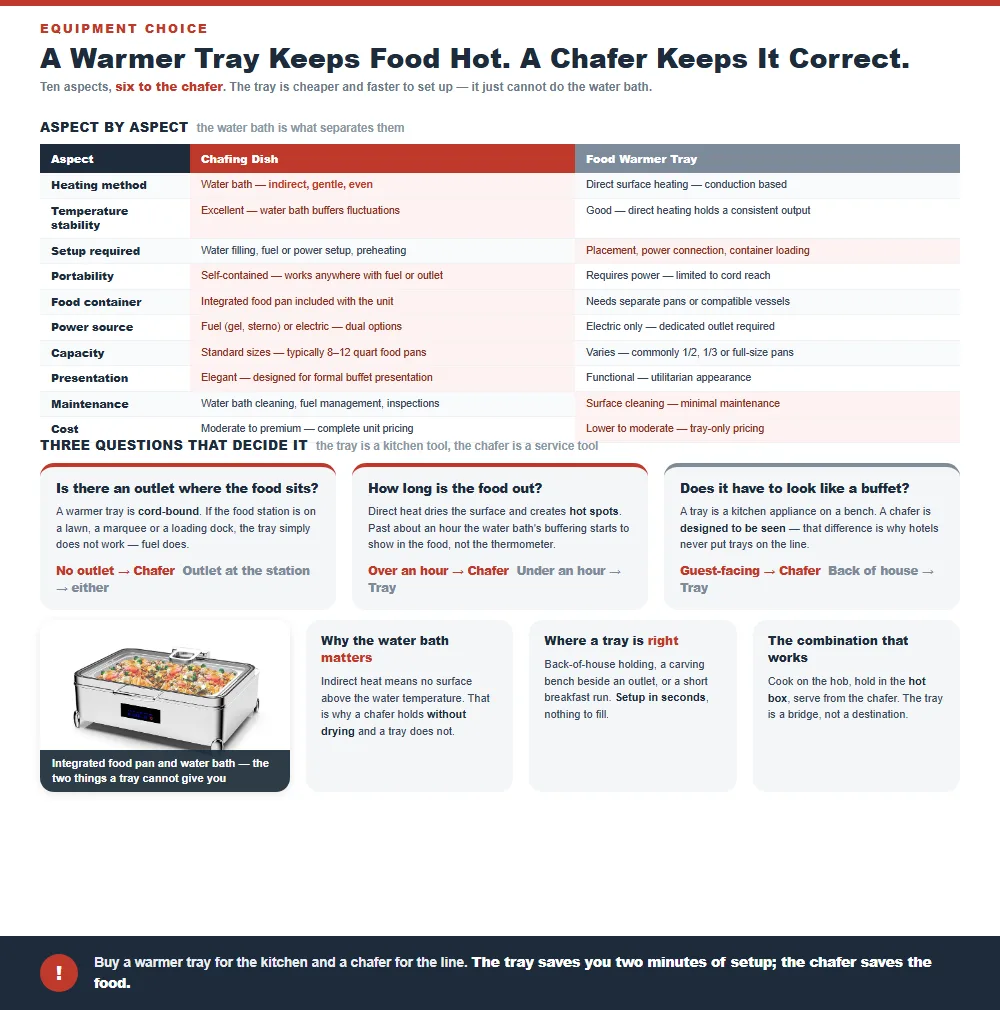 Ten aspect comparison of a chafing dish against a food warmer tray with the winner highlighted on each, plus three questions on outlet availability holding time and guest visibility that decide the choice