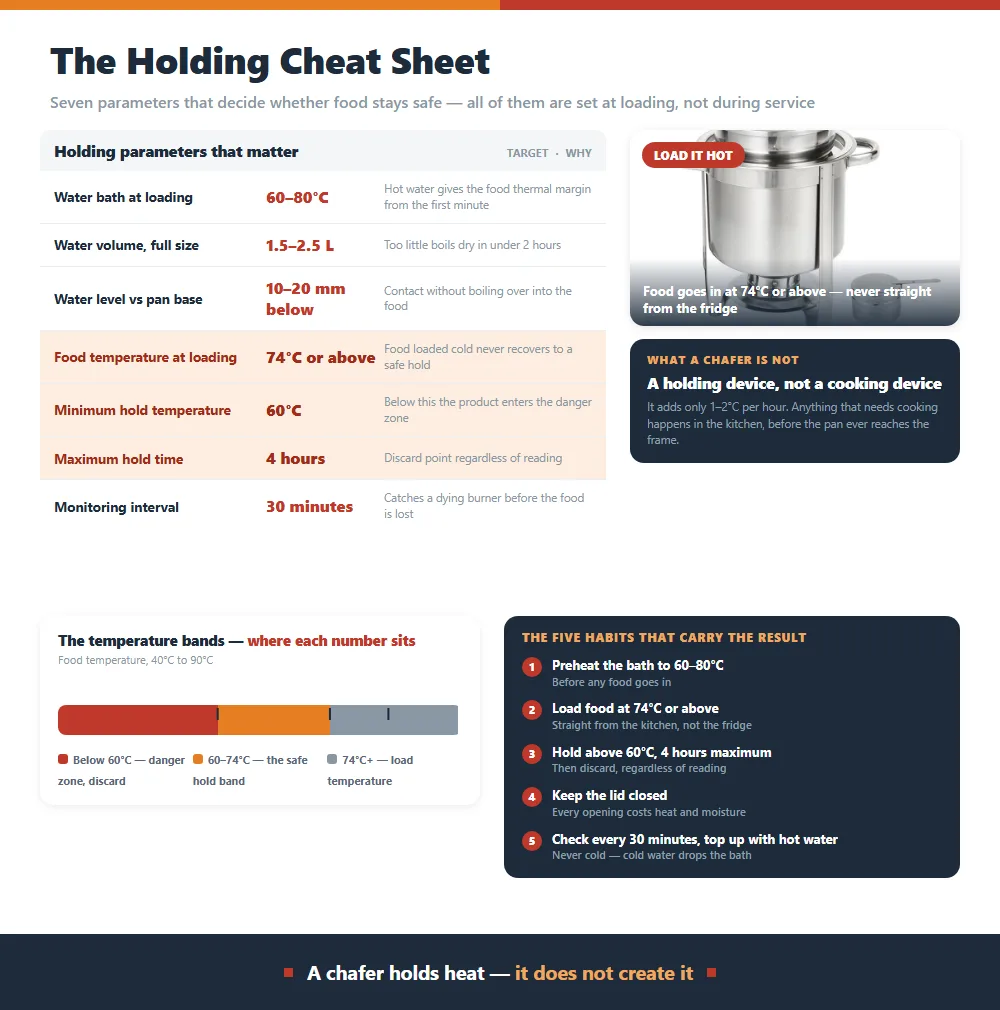 Cheat sheet of the seven chafer holding parameters from water bath temperature to the four hour maximum, with a temperature band scale and the five habits that carry the result