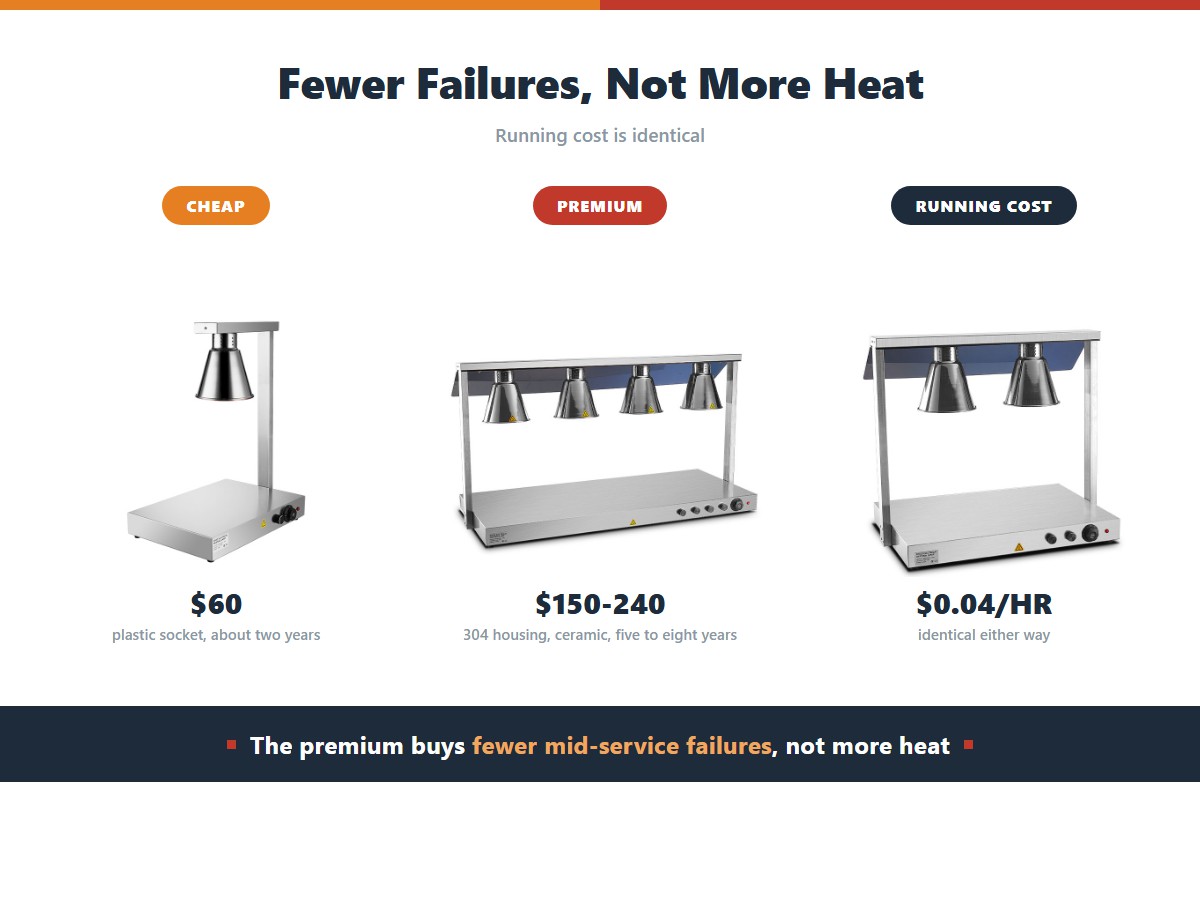 Cheap versus premium food heat lamps: a 60 dollar lamp with a plastic socket lasts about two years while a 150 to 240 dollar unit with a 304 housing and ceramic socket lasts five to eight, at an identical running cost of about 4 cents an hour