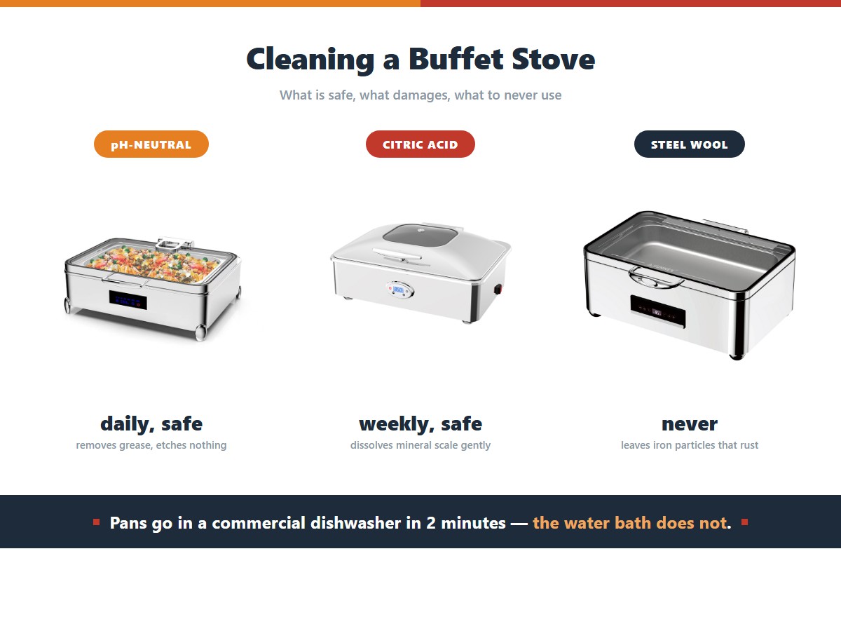 Which cleaning products are safe on a buffet stove: a pH-neutral degreaser is safe daily and removes grease without etching, citric acid descaler is safe weekly and dissolves mineral scale gently, and steel wool must never be used because it leaves iron particles that rust into the stainless surface, while food pans can go through a commercial dishwasher in a two minute cycle but the water bath cannot
