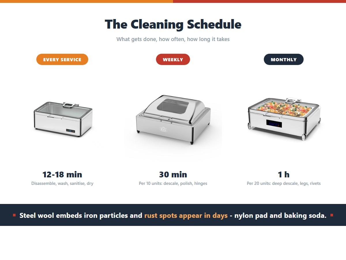 A stainless chafer cleaning schedule in three columns: 12-18 minutes per unit after every service, 30 minutes per ten units weekly for descaling and hinge checks, and one hour per twenty units monthly for deep descale and rivet inspection