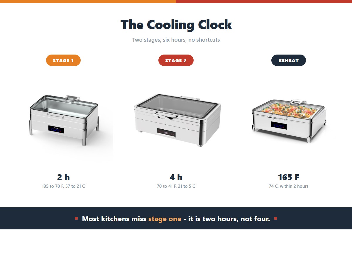 Three food safety cooling targets: stage one from 135 to 70 F within two hours, stage two from 70 to 41 F within four hours, and reheating to 165 F within two hours before holding