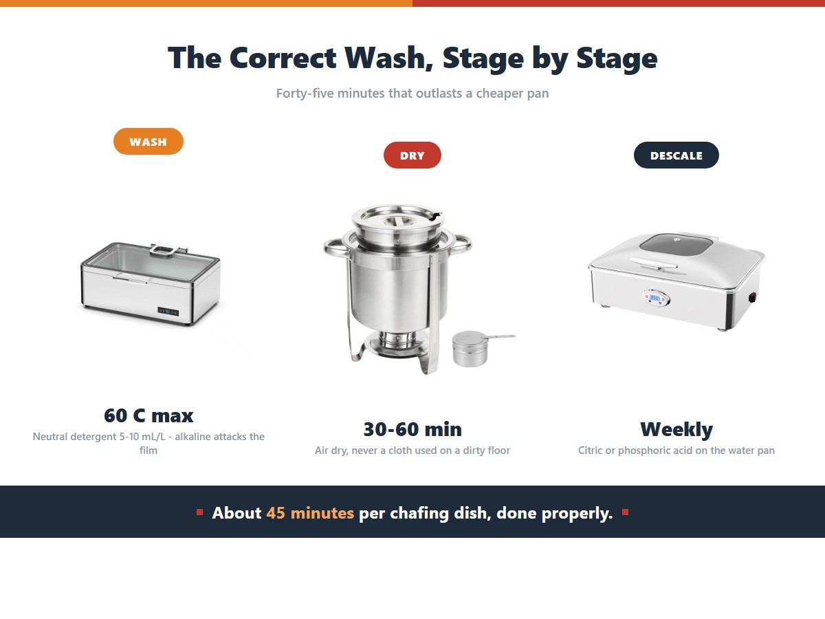 Three stages of the correct chafing dish cleaning procedure: washing at 60 C maximum with neutral detergent at 5 to 10 mL per litre because alkaline strips the passive film, drying by air for 30 to 60 minutes rather than with a cloth, and descaling the water pan weekly with citric or phosphoric acid