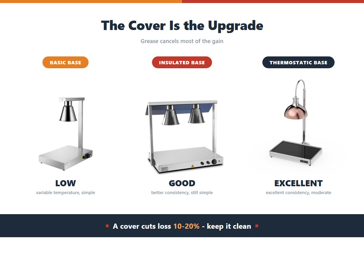 Heat lamp cover configurations: a basic metal base gives low retention and variable temperature, an insulated base gives good consistency, and a thermostatic base gives excellent consistency at moderate complexity, with any cover cutting energy use by 10 to 20 percent