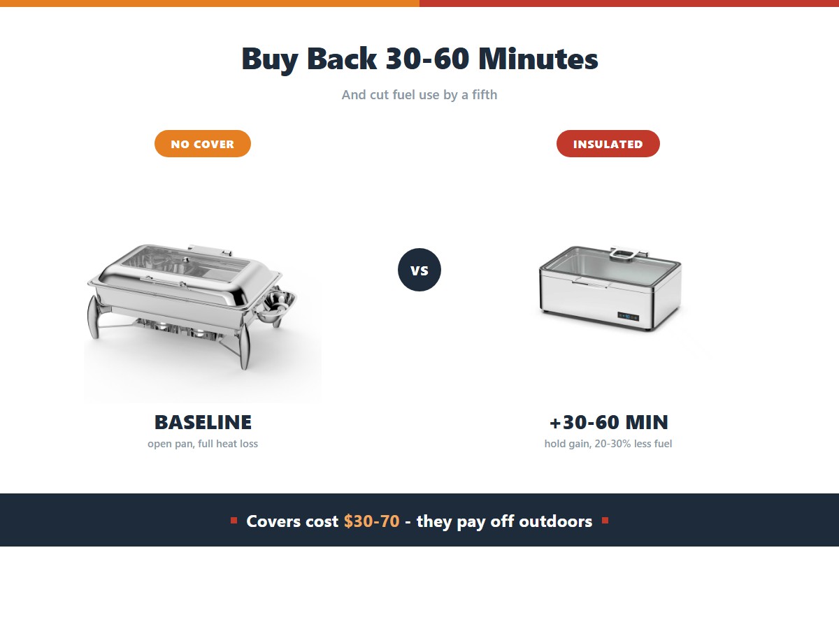 Chafing dish insulated covers: an uncovered unit is the baseline, while an insulated cover adds 30 to 60 minutes of hold and cuts fuel use by 20 to 30 percent at a cost of 30 to 70 dollars, paying off outdoors and on services of three hours or more