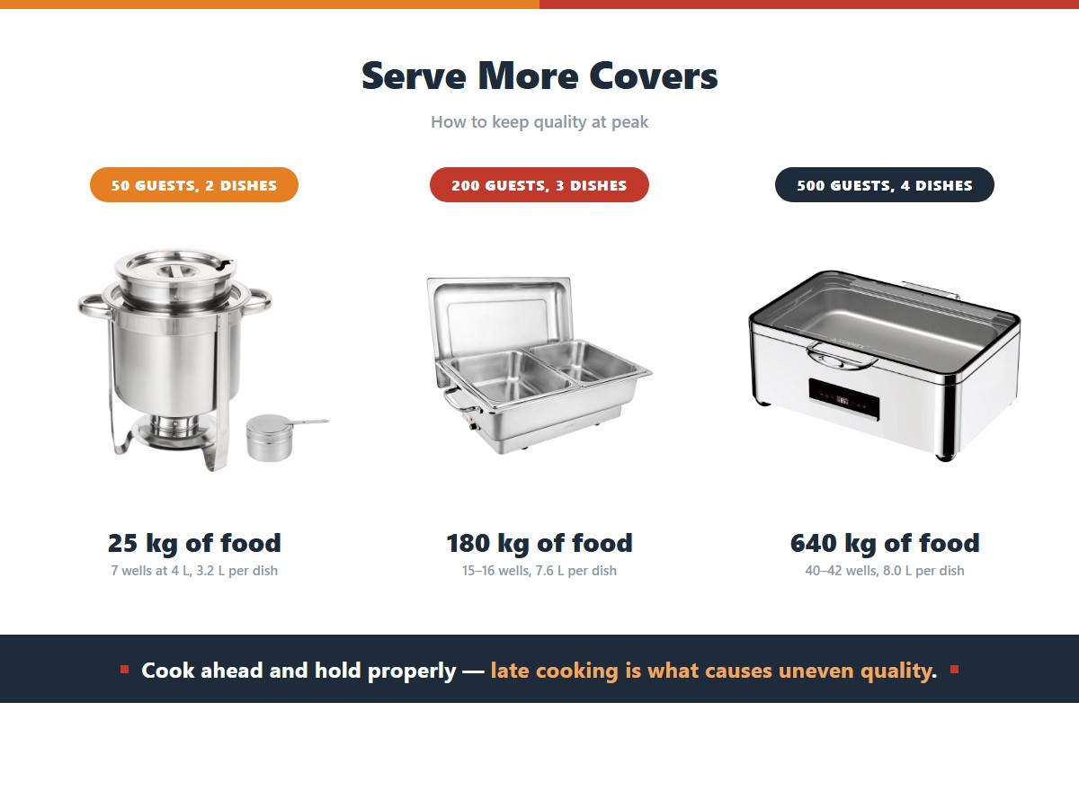 How food volume and well count scale with guest count at a buffet: 50 guests across two dishes means 25 kilograms of food, seven 4-litre wells and 3.2 litres per dish, 200 guests across three dishes means 180 kilograms, fifteen to sixteen wells and 7.6 litres per dish, and 500 guests across four dishes means 640 kilograms, forty to forty-two wells and 8 litres per dish