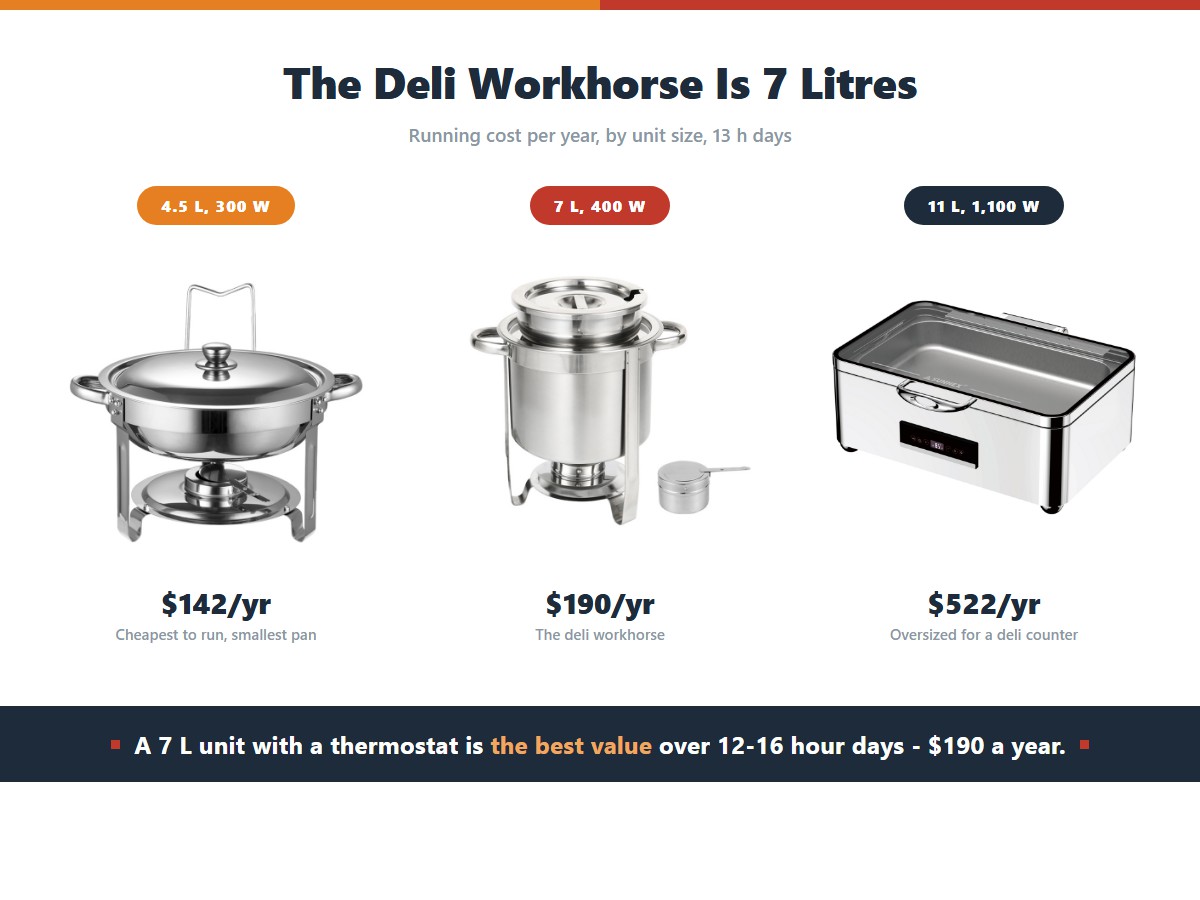 Three deli warmer sizes with annual running cost: a 4.5-litre 300-watt round unit at $142 a year, a 7-litre 400-watt soup warmer at $190, and an oversized 11-litre 1,100-watt unit at $522