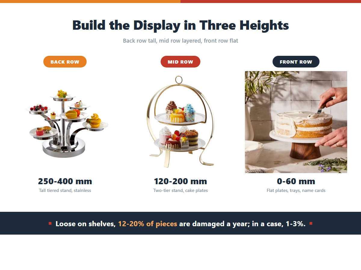 A dessert display built in three heights: a tall stainless multi-tier stand at 250-400 mm for the back row, a two-tier gold stand at 120-200 mm for the middle, and a low pedestal plate at 0-60 mm for the front row
