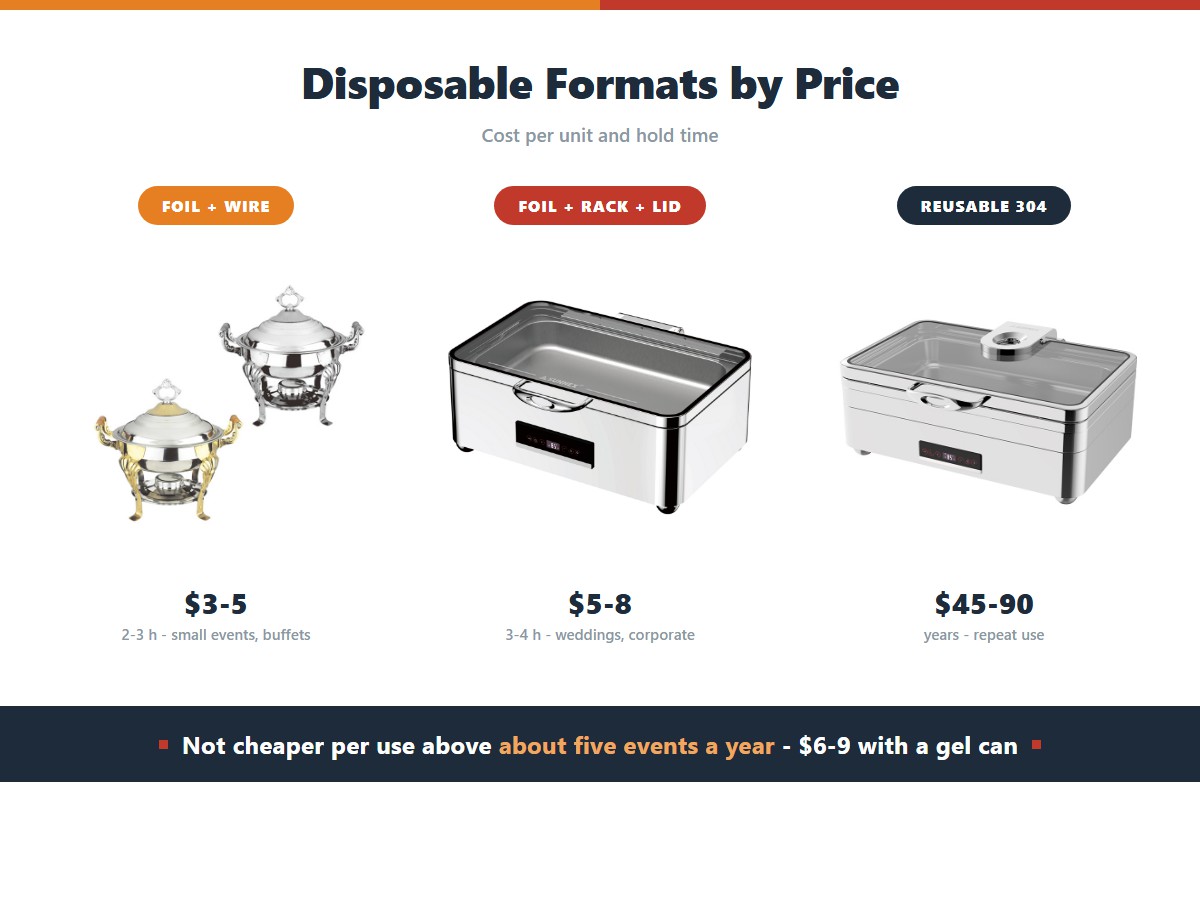 Disposable chafer format cost: a foil pan and wire frame at three to five dollars holding two to three hours, a foil pan with rack and lid at five to eight dollars holding three to four hours, and a reusable 304 chafer at 45 to 90 dollars lasting years