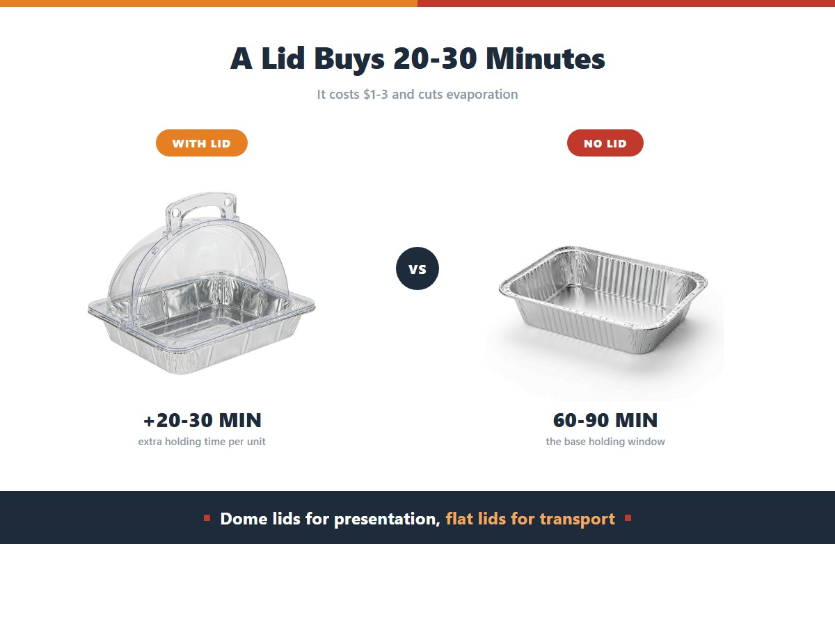 Disposable chafing dishes with lids: adding a lid costs 1 to 3 dollars per unit and buys 20 to 30 extra minutes of holding time by cutting evaporation, with dome lids suiting presentation and flat lids stacking better in transport