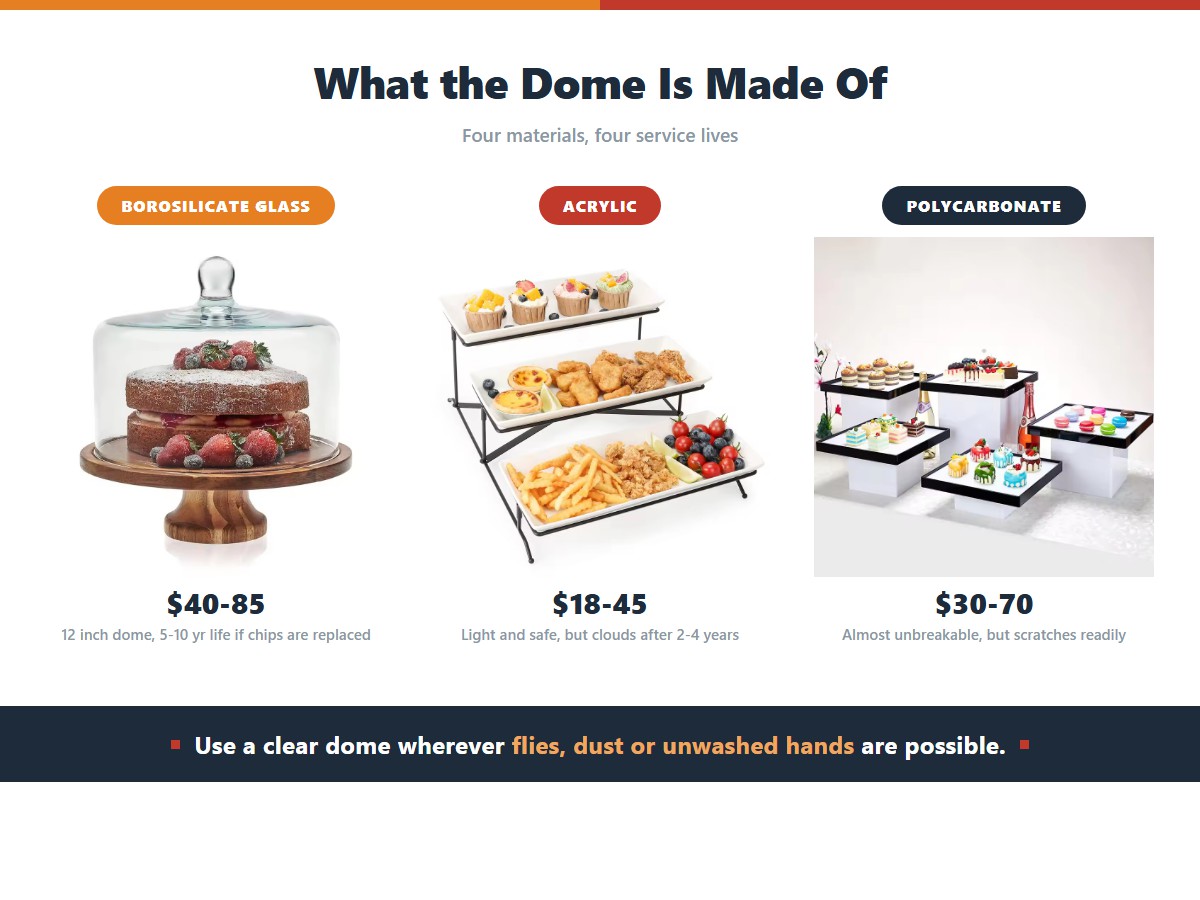 Three cake stand dome materials with their typical prices and service lives: borosilicate glass at $40 to $85 lasting 5 to 10 years if chipped glass is replaced, acrylic at $18 to $45 that clouds after 2 to 4 years, and polycarbonate at $30 to $70 that is almost unbreakable but scratches readily