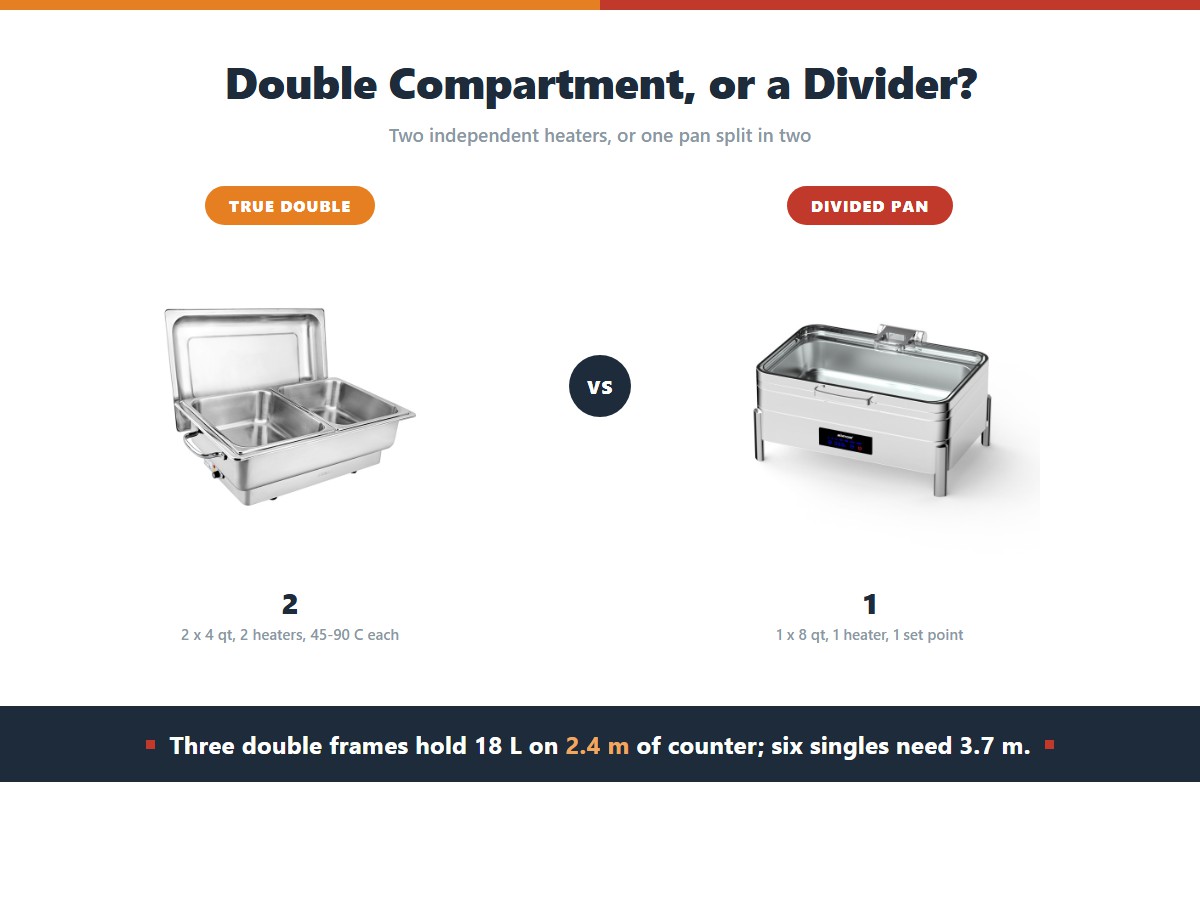 A true double-compartment chafing dish with two independent 4-quart pans and two heaters against a single 8-quart pan with a divider and one heater, compared on counter length needed for the same 18 litres