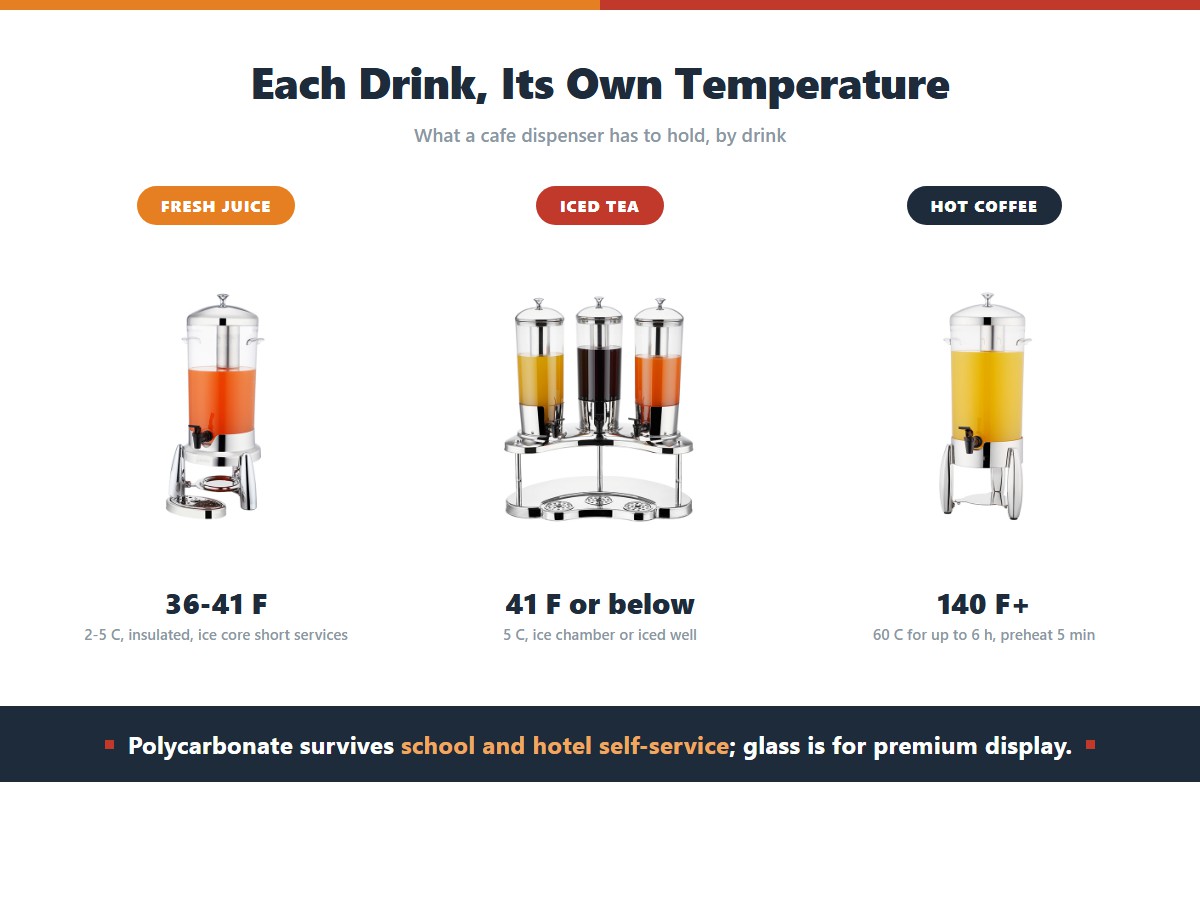 Three beverage dispenser setups by drink: a single dispenser with ice core holding fresh juice at 36-41 F, a three-head unit with iced tea at 41 F or below, and a single unit preheated for hot coffee at 140 F or above for up to six hours