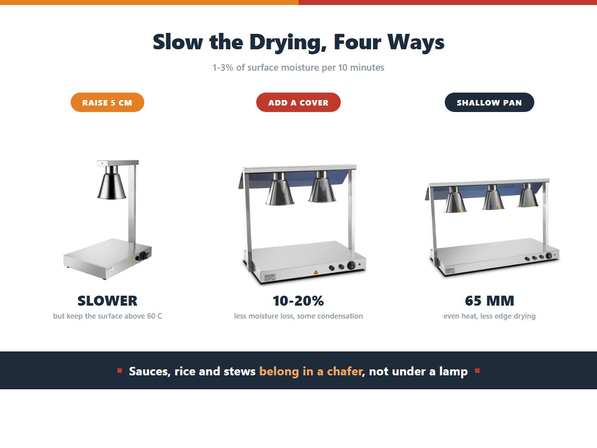 Stopping food drying under a heat lamp: raising the lamp 5 centimetres slows drying, a cover cuts moisture loss by 10 to 20 percent, and shallow 65 millimetre pans heat evenly with less edge drying, while sauces, rice and stews belong in a chafer
