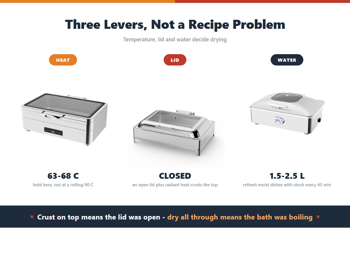 Three controls that stop food drying out in a chafing dish: hold the water bath at 63 to 68 degrees Celsius rather than a rolling 90, keep the lid closed, and keep 1.5 to 2.5 litres of water in the frame with stock refreshed every 45 minutes