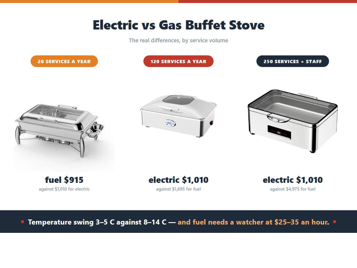 Five-year total cost of electric against fuel buffet stoves by annual service volume: at 20 services a year fuel costs 915 dollars against 1,010 for electric, at 120 services a year electric costs 1,010 against 1,695 for fuel, and at 250 services a year with staff time counted electric costs 1,010 against 4,975 for fuel