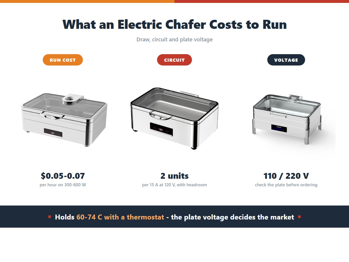 Electric chafer running cost: five to seven cents per hour on a 300 to 600 watt element, two units per 15 amp circuit at 120 volts, and a 110 or 220 volt plate that must be checked before ordering
