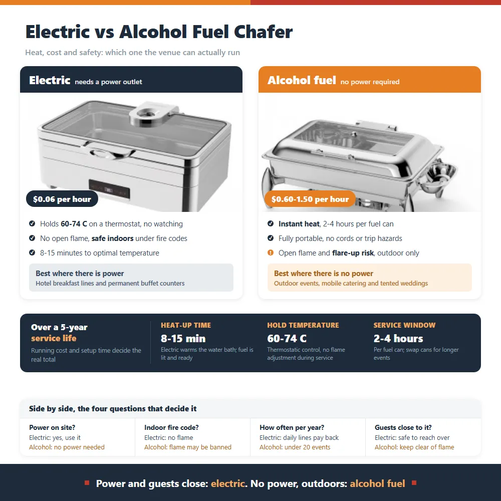 Comparison of electric and alcohol fuel chafing dishes: an electric model with a digital temperature control holding 60 to 74 degrees at about 0.06 dollars per hour with no open flame, against an alcohol fuel chafing dish giving instant heat for 2 to 4 hours per can at 0.60 to 1.50 dollars per hour which needs no power but carries a flare-up risk outdoors