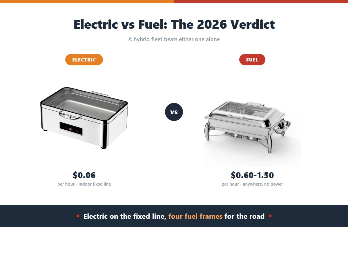 Electric against fuel chafer running cost: six cents per hour for electric on an indoor fixed line against sixty cents to a dollar fifty per hour for fuel that works anywhere without power