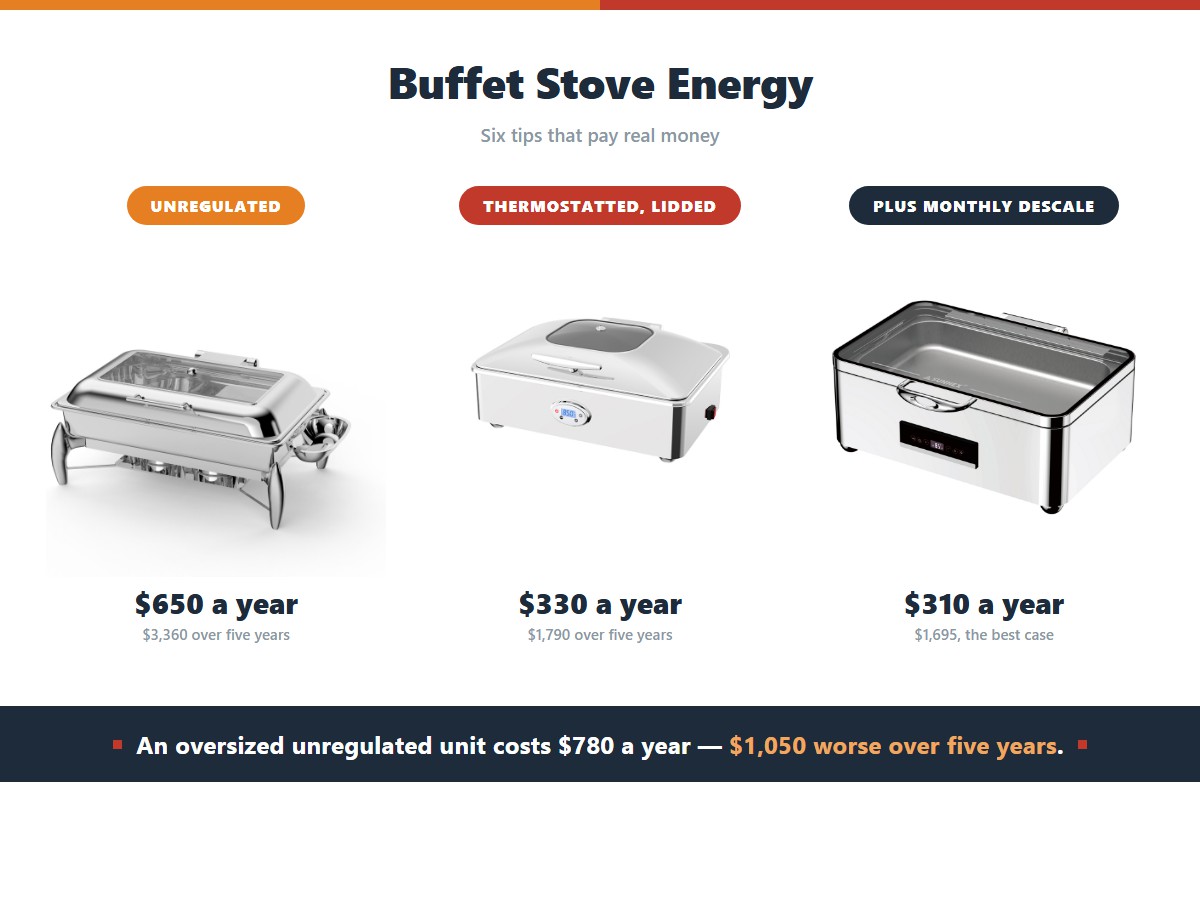 Annual buffet stove energy cost by setup: an unregulated unit running at full power costs 650 dollars a year and 3,360 over five years, a thermostatted and lidded unit at the correct setpoint costs 330 dollars a year and 1,790 over five years, and adding a monthly descale brings it to 310 dollars a year and 1,695 over five years, while an oversized unregulated unit costs 780 dollars a year