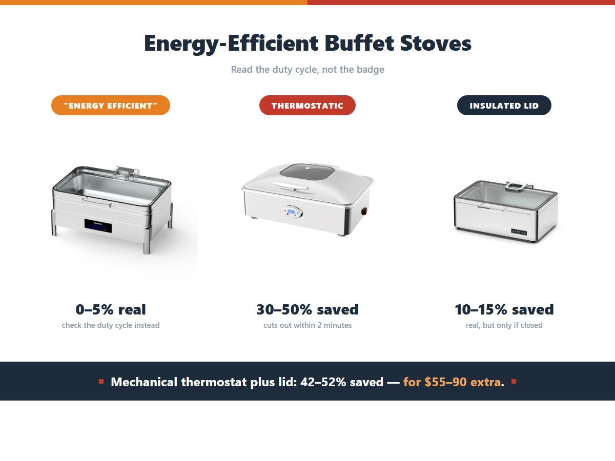 Reading buffet stove energy claims honestly: an energy efficient label usually delivers nothing measurable at 0 to 5 percent, thermostatic control saves 30 to 50 percent because it cuts out within two minutes instead of running flat out, and an insulated lid saves 10 to 15 percent but only if it is closed, while a mechanical thermostat plus lid together save 42 to 52 percent for 55 to 90 dollars extra
