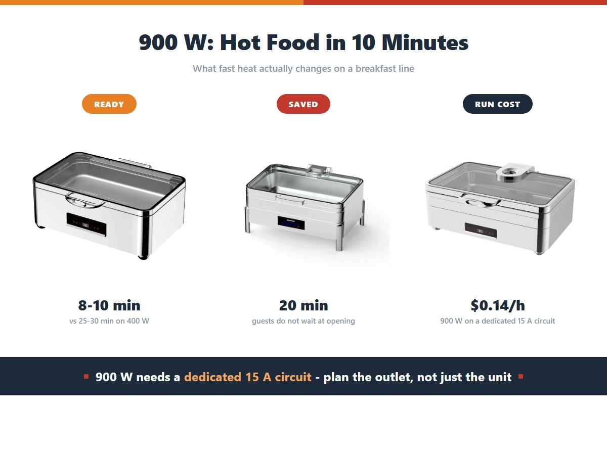 Fast heat chafer outcomes: an 11 litre electric unit ready in eight to ten minutes against twenty five to thirty on 400 watts, twenty minutes saved at opening, and a running cost of fourteen cents per hour