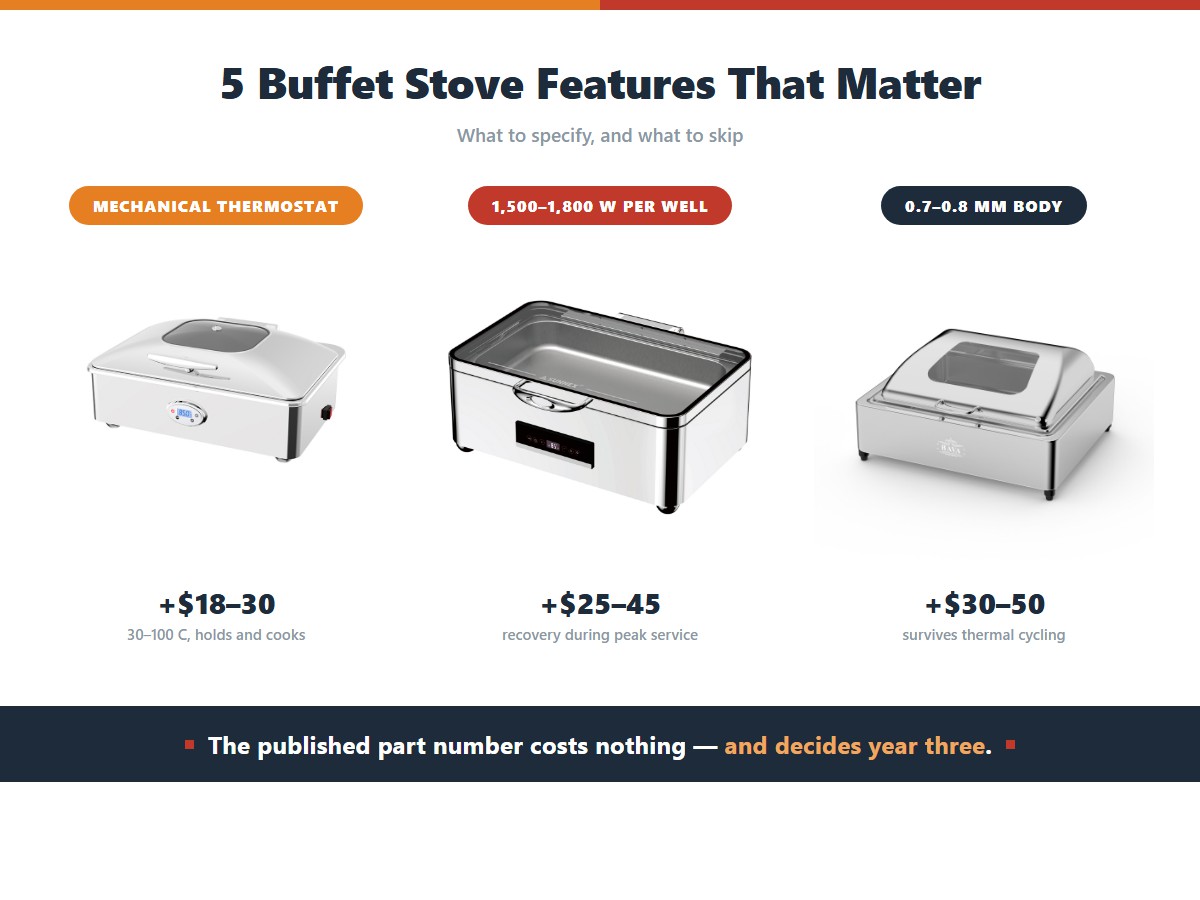 The buffet stove features worth paying for and their price premium: a mechanical thermostat covering 30 to 100 degrees Celsius for 18 to 30 dollars that holds and cooks in one unit, 1,500 to 1,800 watts per well for 25 to 45 dollars for recovery during peak service, and a 0.7 to 0.8 millimetre steel body for 30 to 50 dollars that survives thermal cycling
