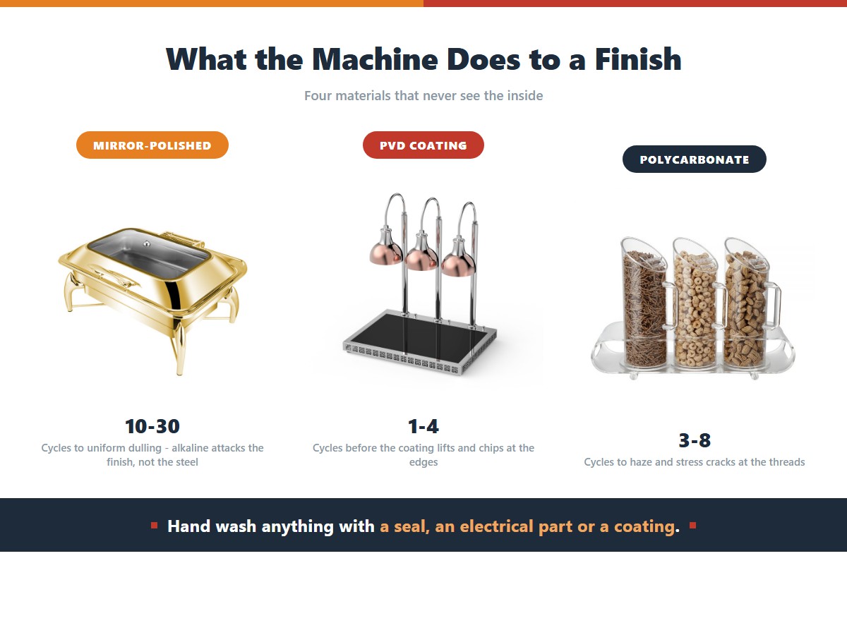 Three buffet equipment finishes that must never go in a dishwasher: mirror-polished stainless that dulls uniformly after 10 to 30 cycles because alkaline detergent attacks the finish, PVD and coloured coatings that lift and chip after 1 to 4 cycles, and polycarbonate that hazes and stress-cracks at the threads after 3 to 8 cycles