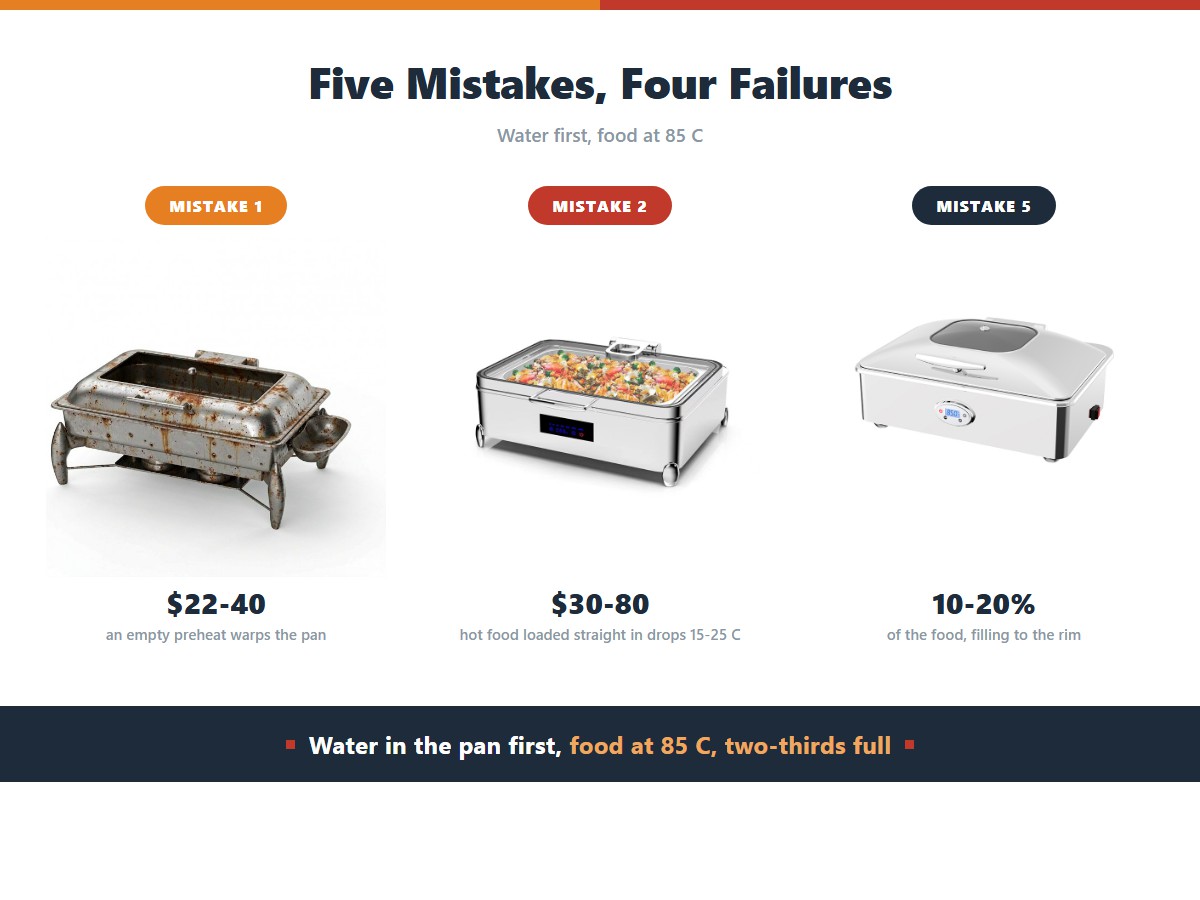 Five costly chafing dish mistakes: preheating an empty pan warps a 22 to 40 dollar pan, loading food straight from the stove drops 15 to 25 degrees and discards 30 to 80 dollars of food, and filling the pan to the rim wastes 10 to 20 percent of the food