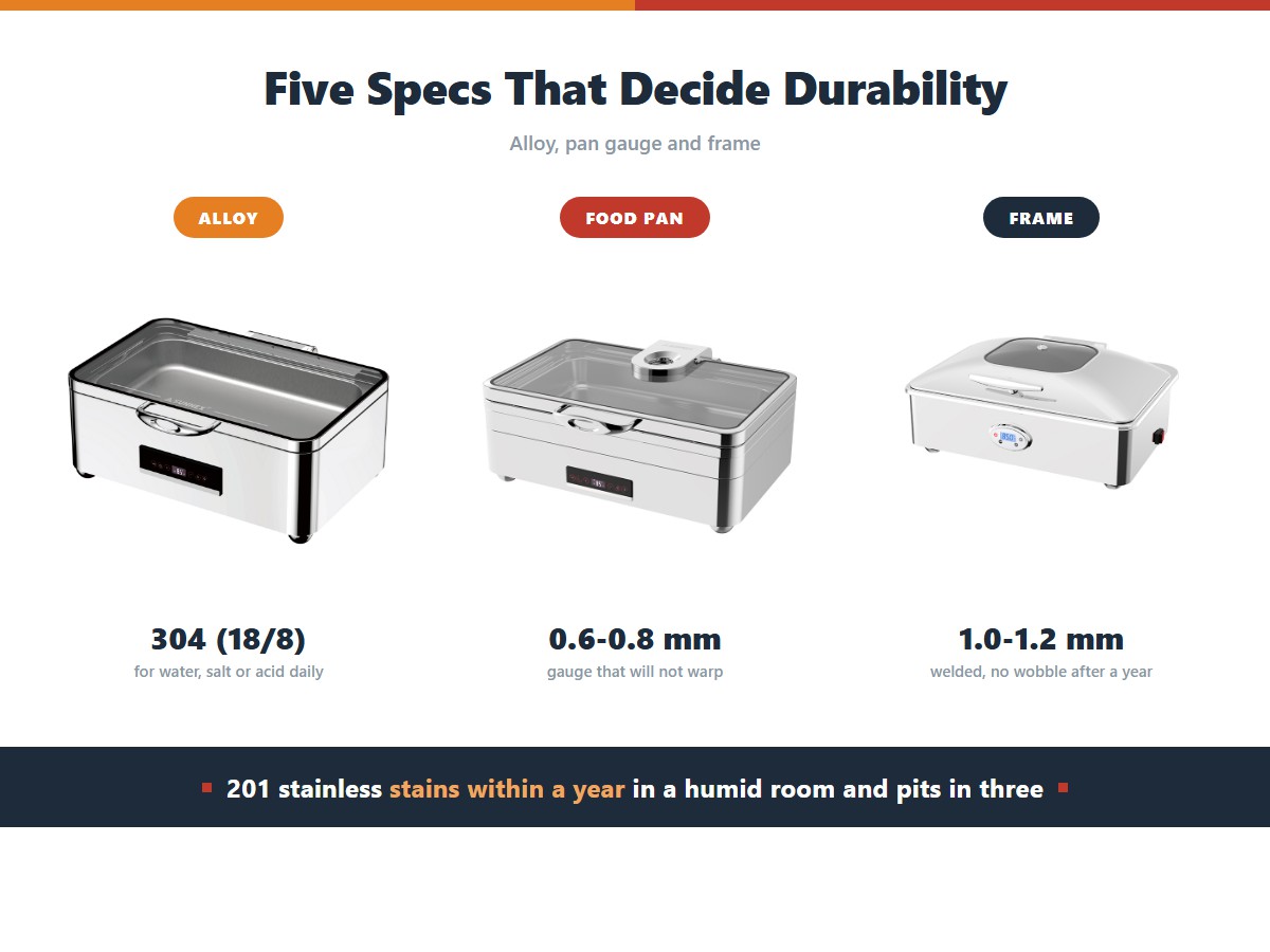 Five chafer durability specifications: 304 18/8 stainless for daily contact with water salt or acid, a 0.6 to 0.8 millimetre food pan that will not warp, and a 1.0 to 1.2 millimetre welded frame