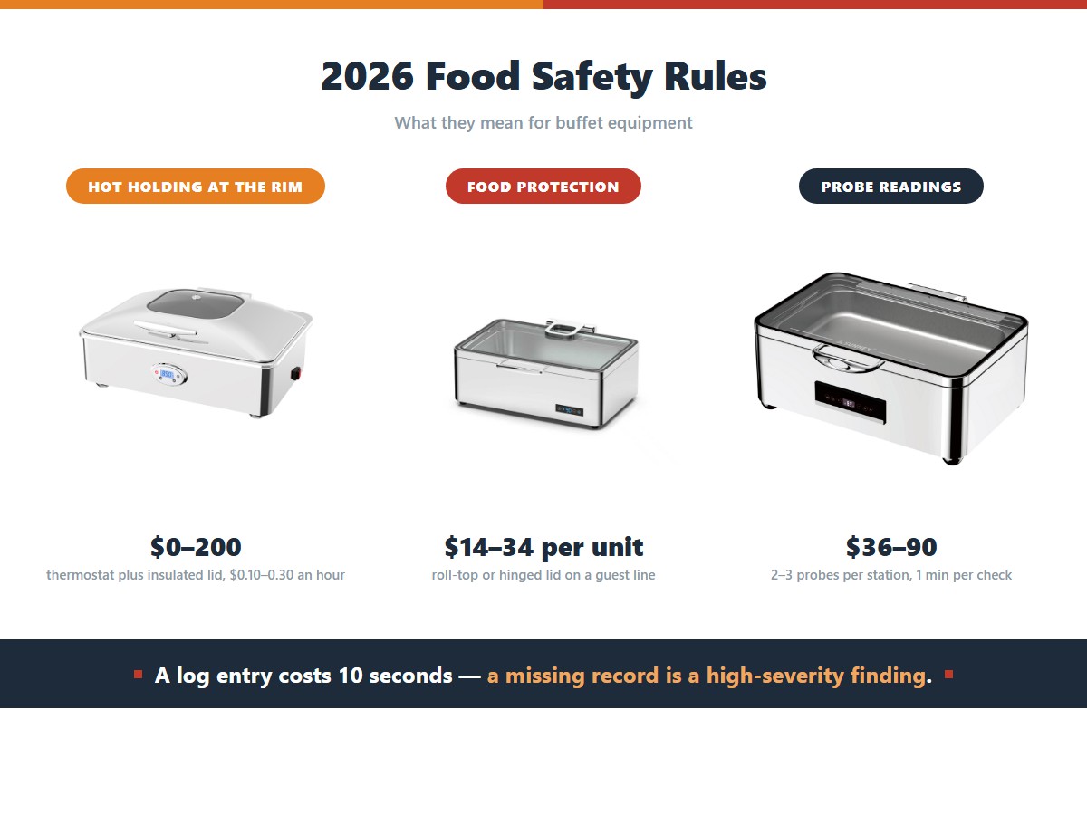 The equipment a buffet needs to meet 2026 food safety rules and what it costs: hot holding at the rim needs a thermostat and insulated lid at 0 to 200 dollars and 10 to 30 cents an hour, food protection on a guest line needs a roll-top or hinged lid at 14 to 34 dollars per unit, and rim probe readings need two or three probes per station at 36 to 90 dollars with one minute per check