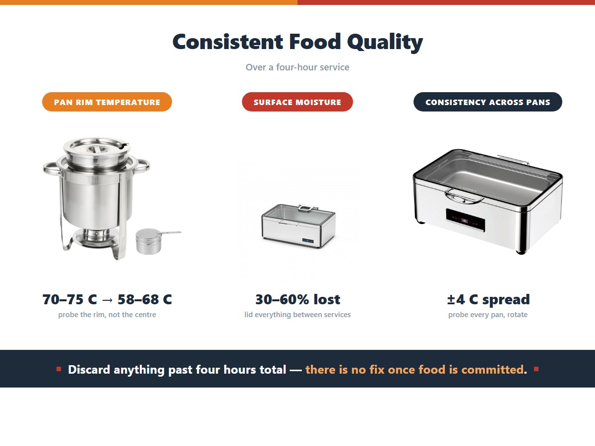 What degrades across a four-hour buffet service and how to control it: the pan rim falls from 70 to 75 degrees down to 58 to 68 degrees so probe the rim rather than the centre, surface moisture loses 30 to 60 percent unless everything is lidded between services, and consistency across pans spreads by plus or minus 4 degrees so probe every pan and rotate them