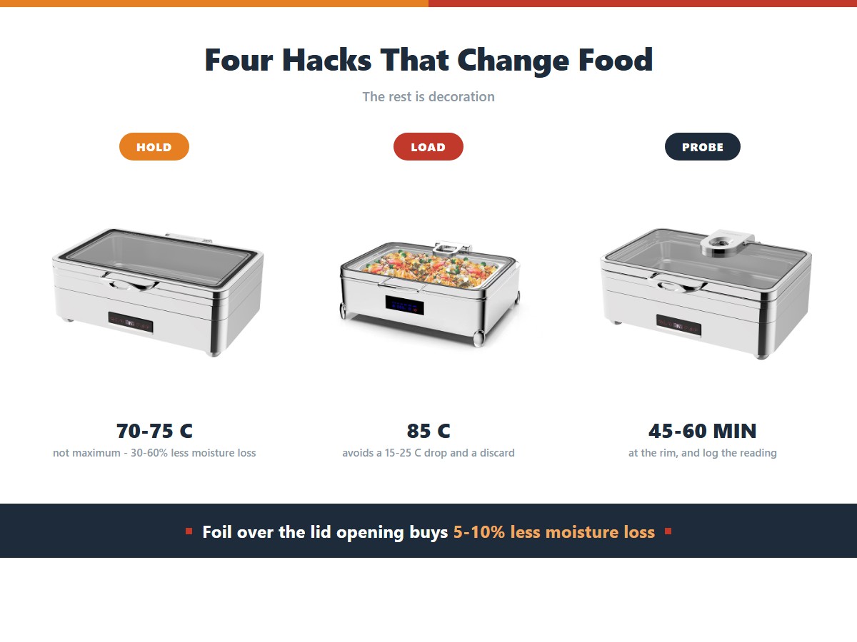 Chafing dish hacks that change food quality: hold at 70 to 75 degrees instead of maximum for 30 to 60 percent less moisture loss, load food at 85 degrees to avoid a 15 to 25 degree drop, and probe the rim every 45 to 60 minutes