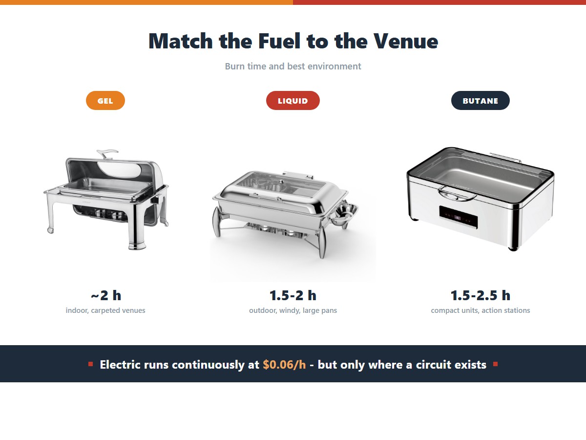 Chafing dish fuel by environment: gel burning about two hours for indoor carpeted venues, liquid fuel one and a half to two hours for outdoor windy sites with large pans, and butane one and a half to two and a half hours for compact units and action stations