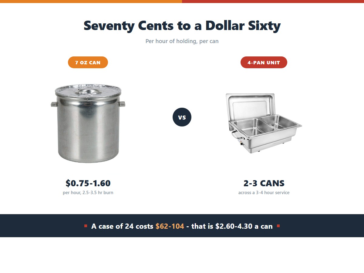 Chafing fuel costs: a 7 ounce can burns 2.5 to 3.5 hours at 75 cents to 1.60 dollars per hour, a rectangular 4-pan unit needs 2 to 3 cans across a 3 to 4 hour service, and a case of 24 cans costs 62 to 104 dollars or 2.60 to 4.30 dollars per can