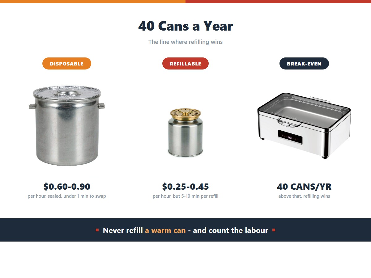 Disposable gel cans versus refillable fuel systems: disposables run at 60 to 90 cents per hour with under a minute to swap, refillable systems run at 25 to 45 cents per hour but need 5 to 10 minutes per refill, and the break-even sits at about 40 cans a year